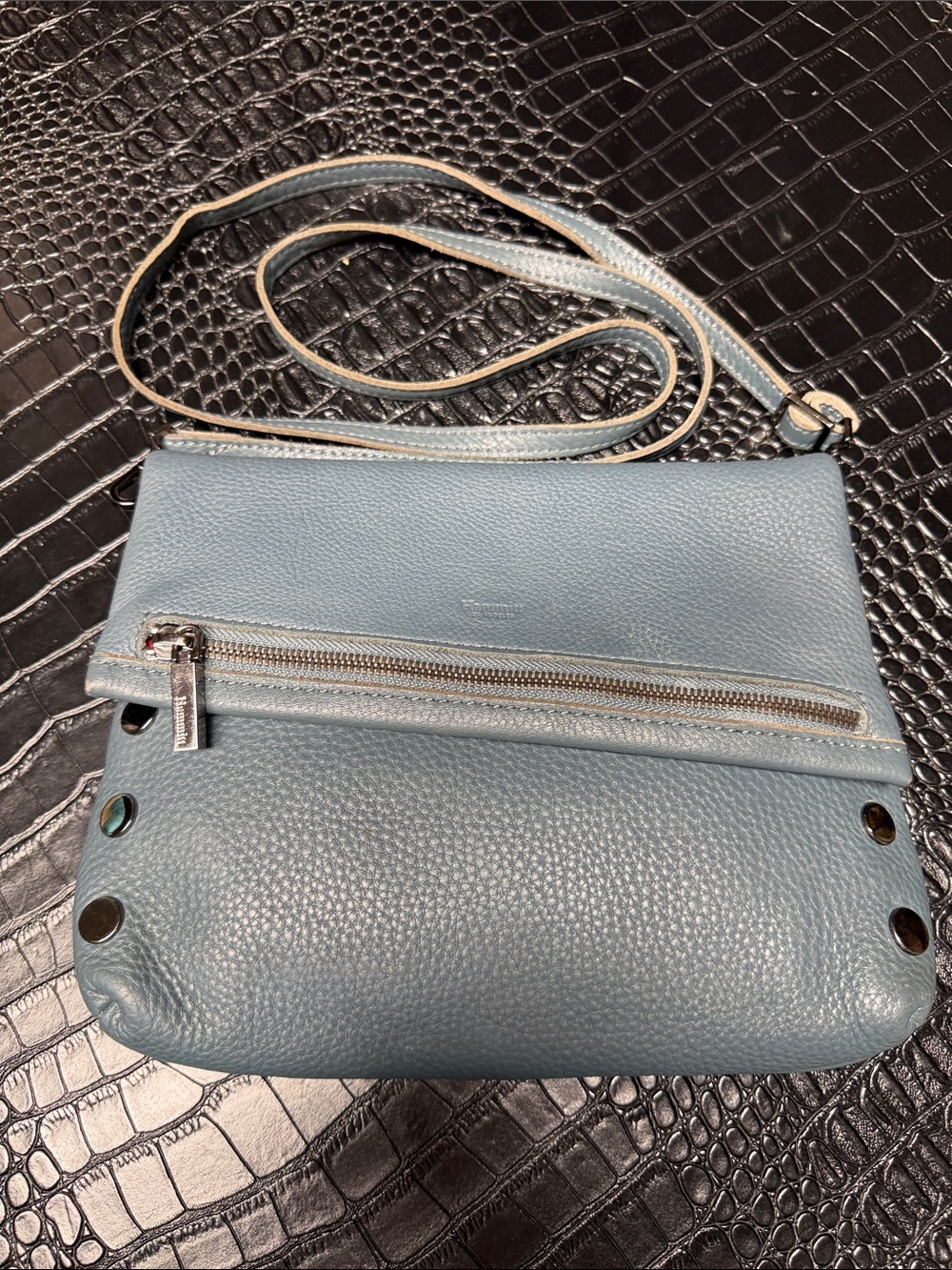 Hammitt Light Blue Pebbled Leather Crossbody with Front Zip